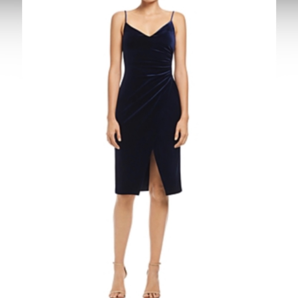 NWT Black Halo Navy Midnight Blue Velvet Dress Faux Wrap High Slit Size 6 $325